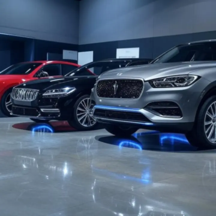 Premium inwentarz samochodowy z błyszczącymi pojazdami pod dramatycznym oświetleniem